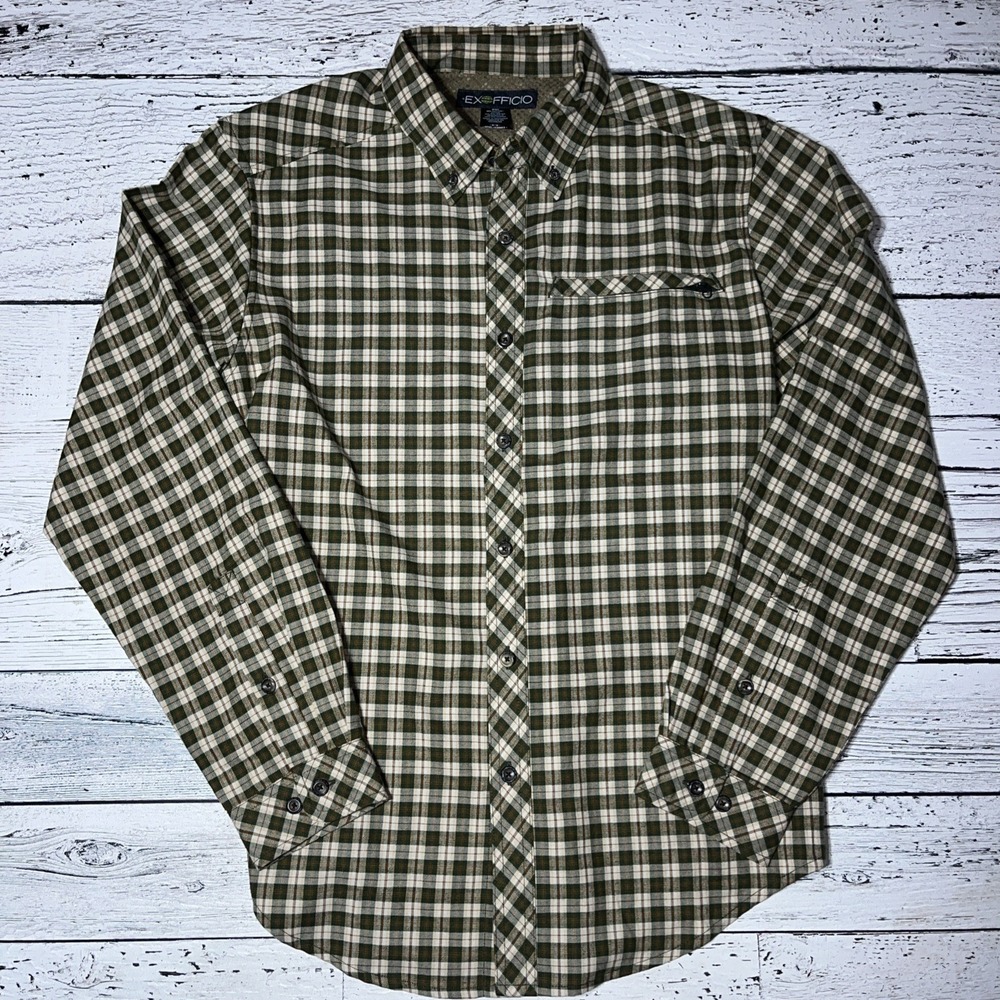 ExOfficio Button Down‎ Flannel Shirt Men's M Green Plaid Cotton Blend Stretch